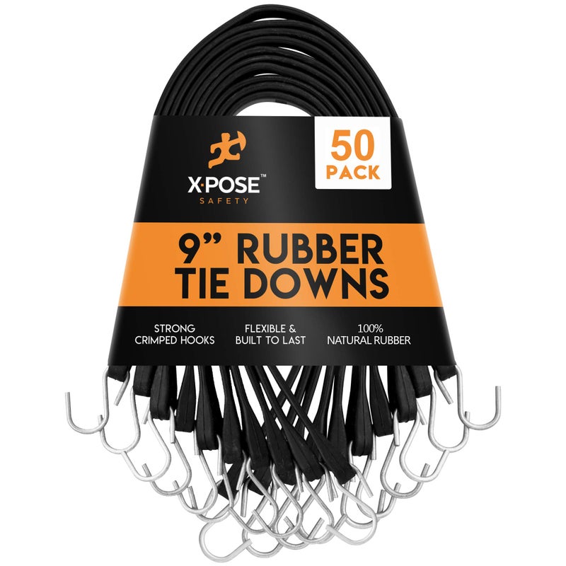 xpose safety Rubber Bungee Cords with Hooks 50 Pack 9 Inch (14â€ Max Stretch) Heavy-Duty Black Tie Down Straps for Outdoor, Tarp Covers, Canvas Canopies, Motorcycle, and Cargo - by Xpose Safety - Image 1